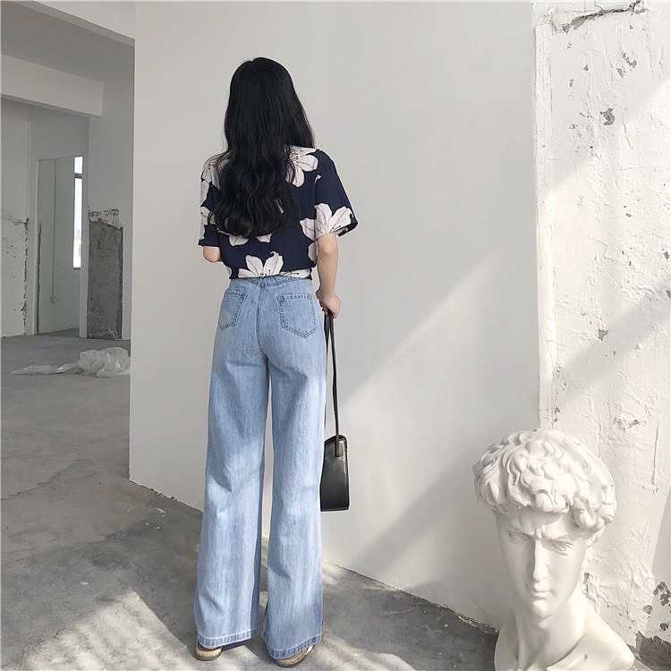 Retro high waist denim wide leg pants