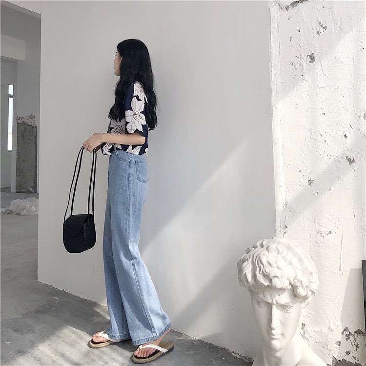 Retro high waist denim wide leg pants