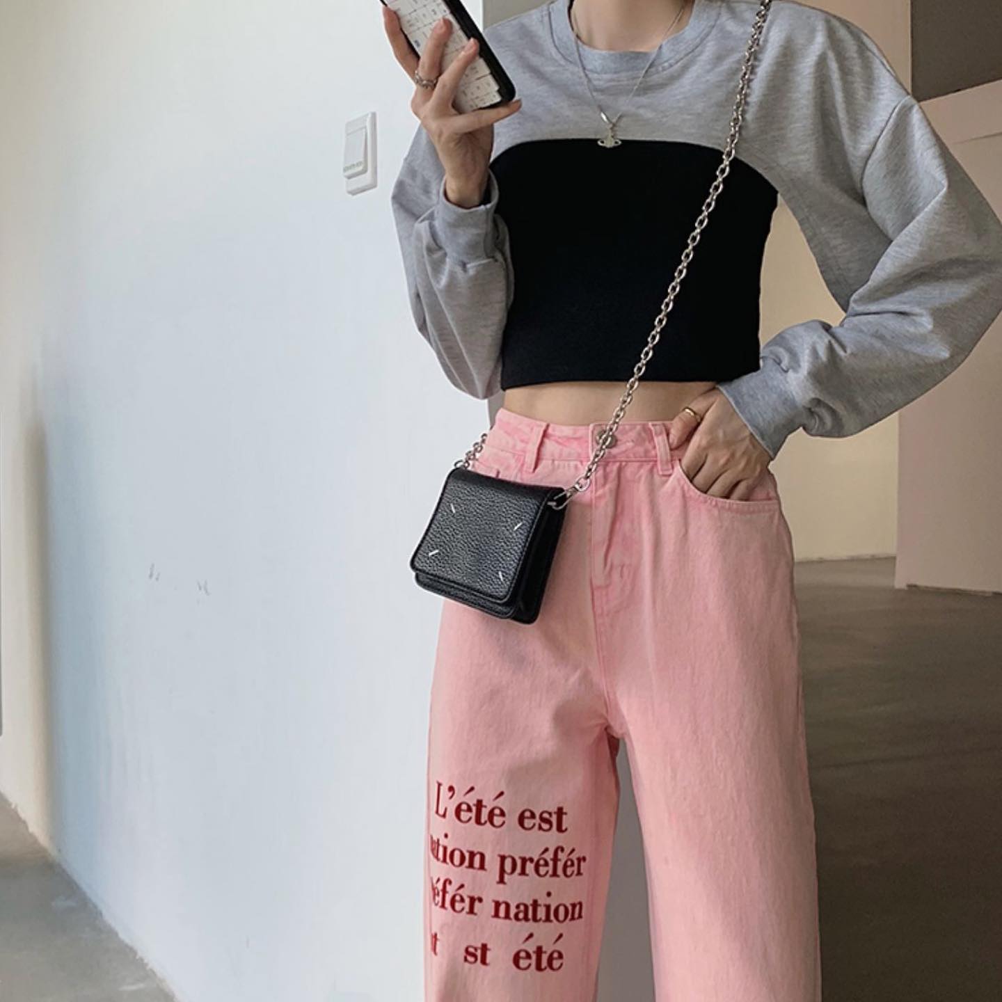 Pink high waist wide leg pants