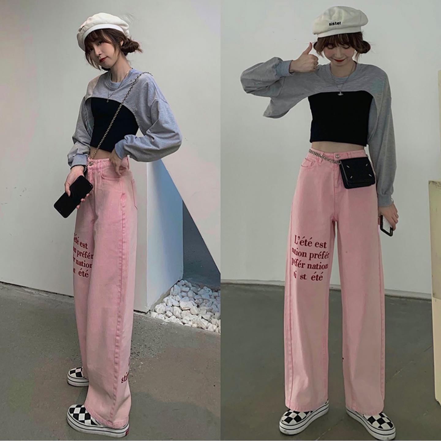 Pink high waist wide leg pants
