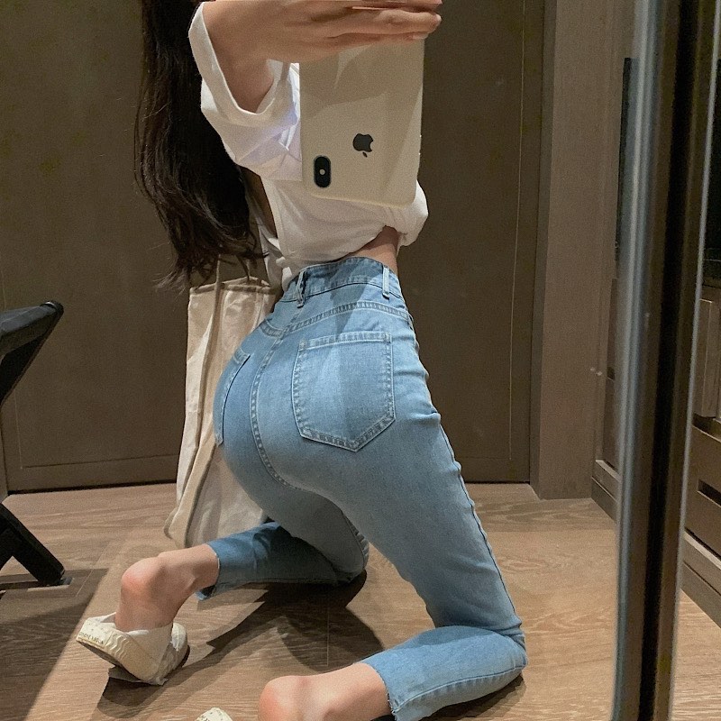 High waist double button denim pants