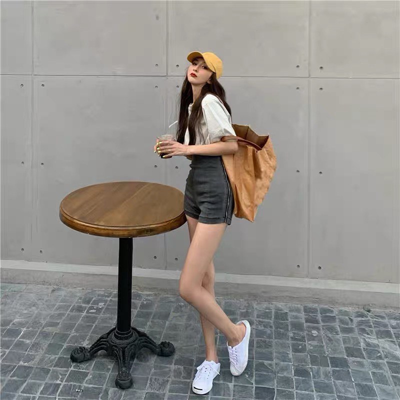 Denim side zipper high waist shorts