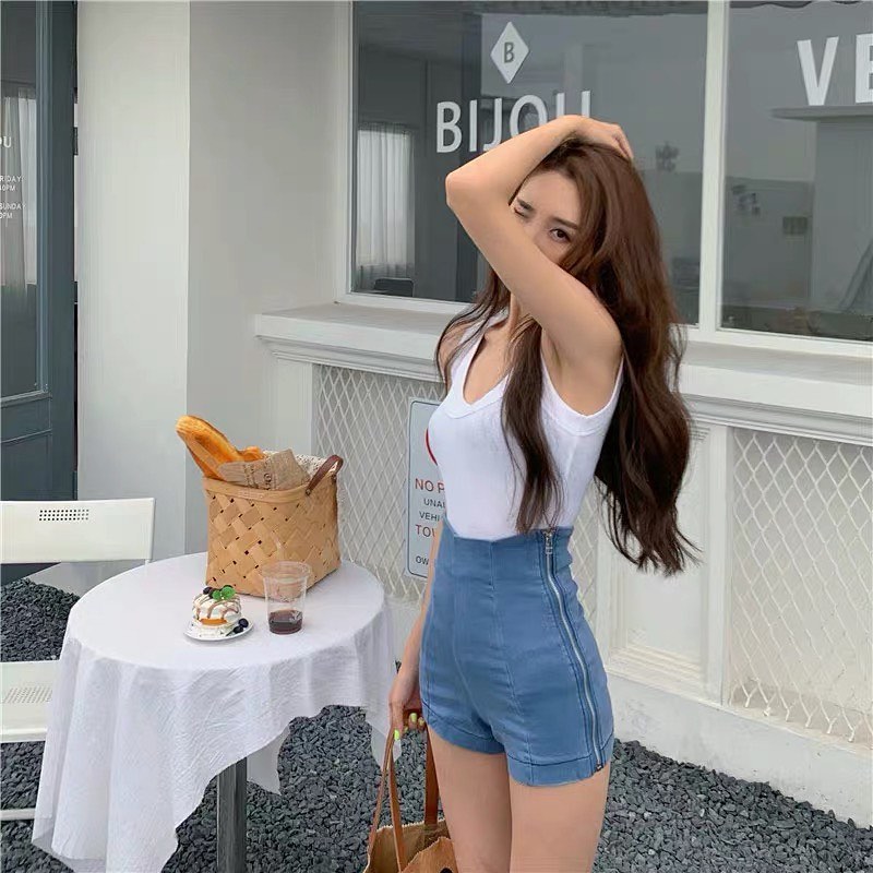 Denim side zipper high waist shorts