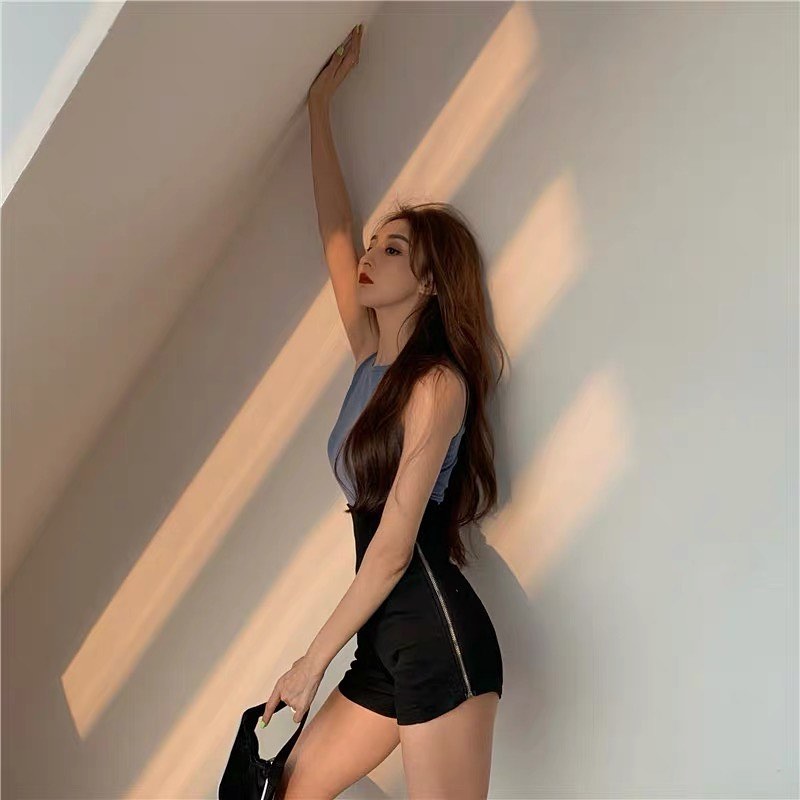 Denim side zipper high waist shorts