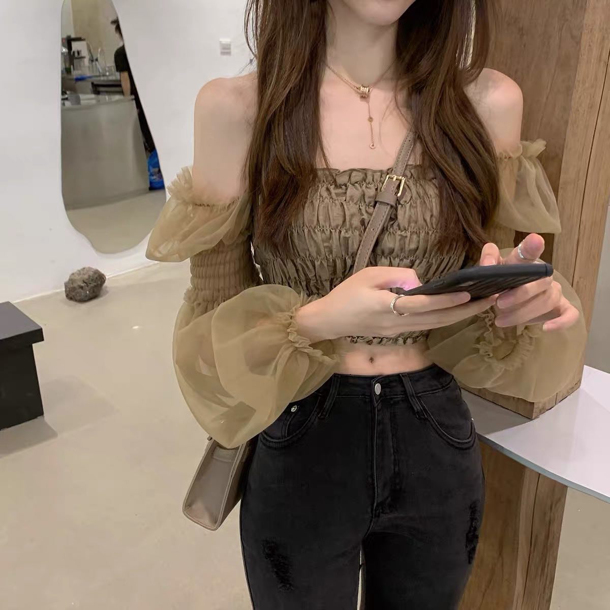 Khaki off shoulder blouse