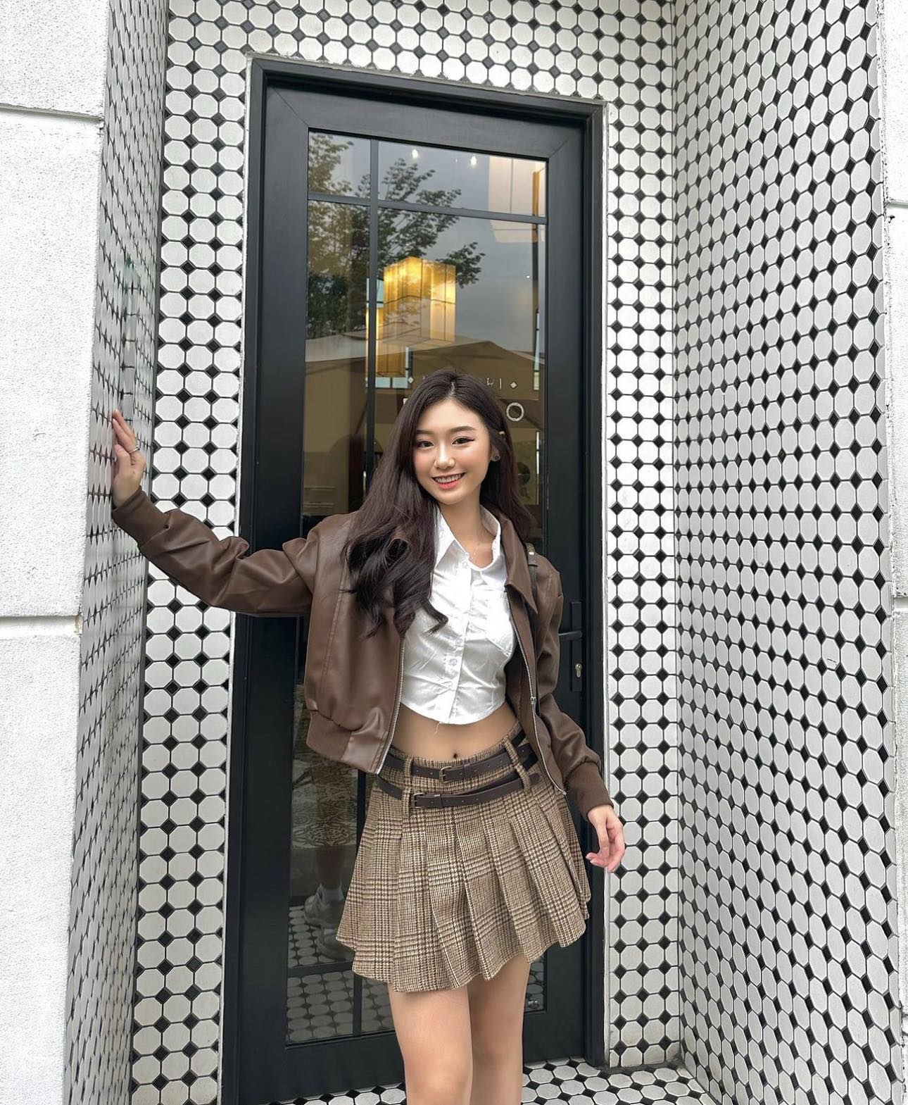 Brown PU Leather Jacket, Shirt & Skirt Set