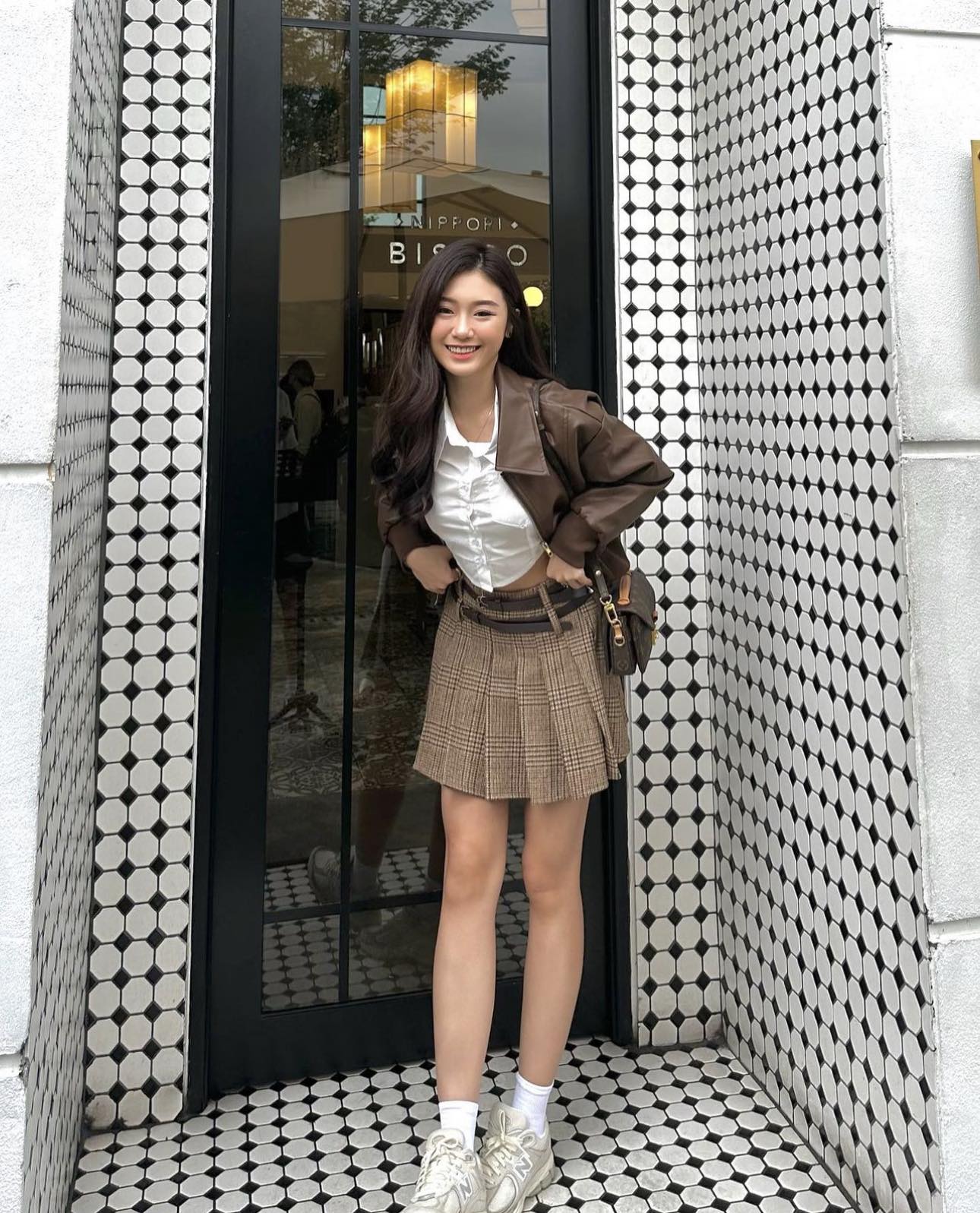 Brown PU Leather Jacket, Shirt & Skirt Set