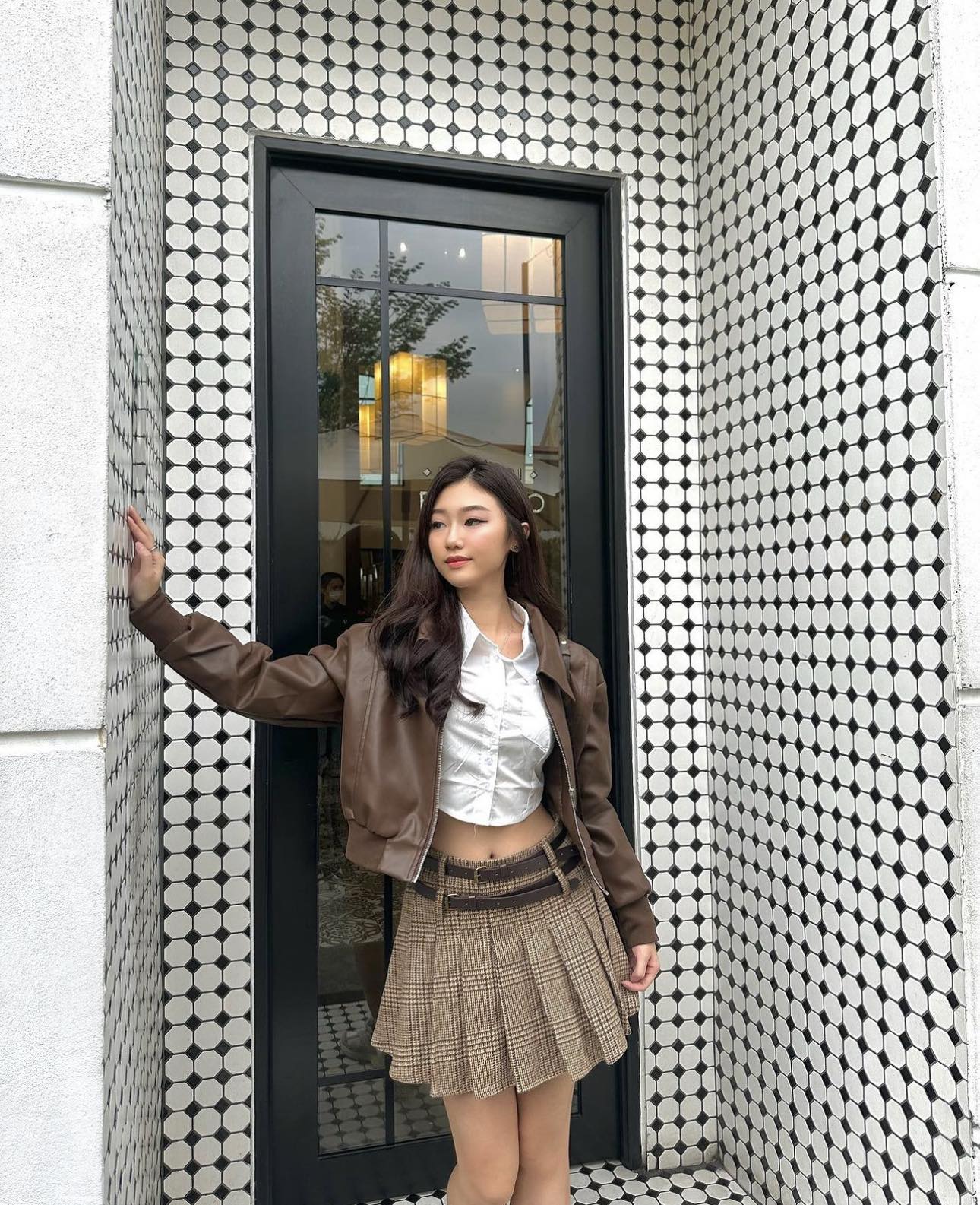 Brown PU Leather Jacket, Shirt & Skirt Set