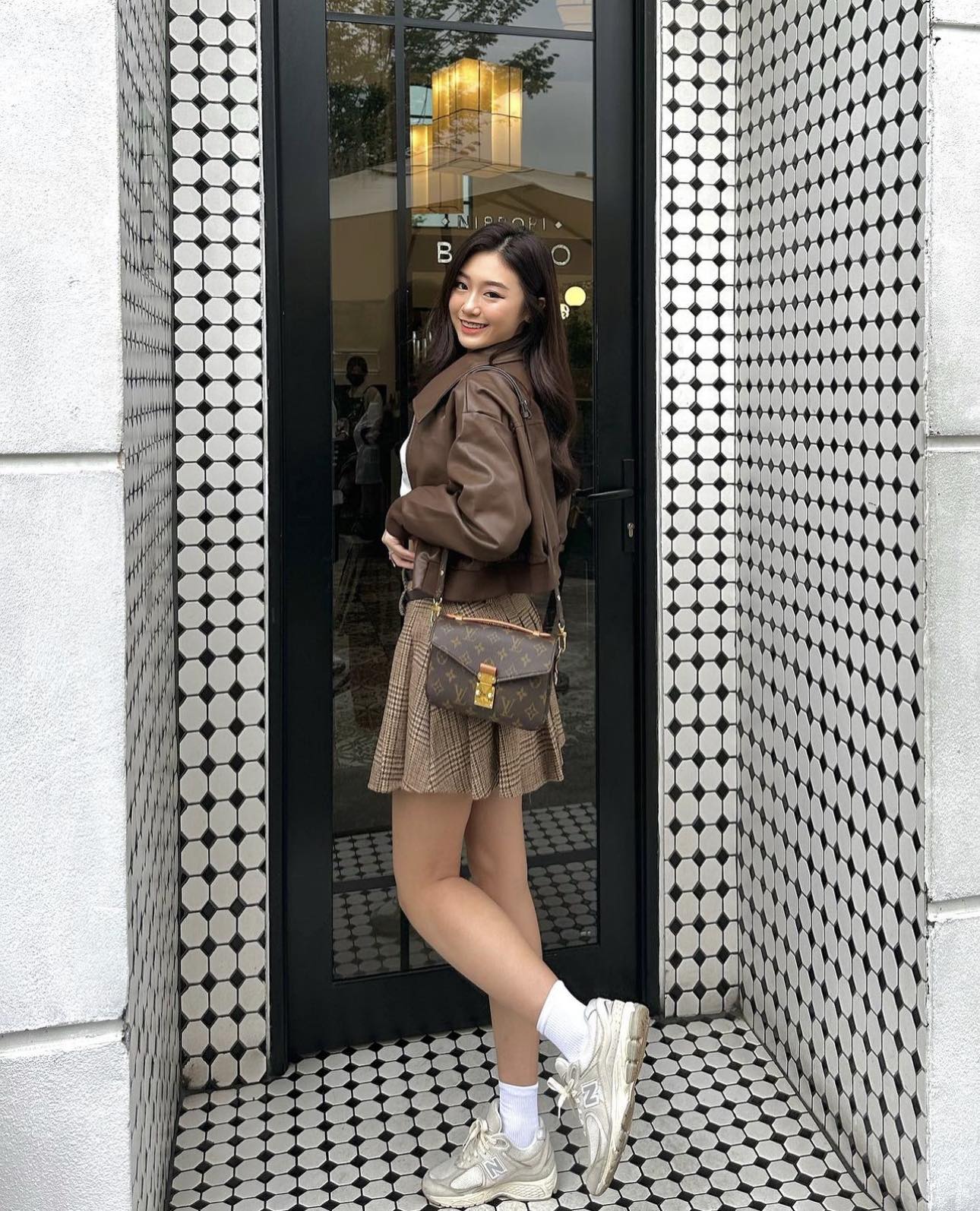 Brown PU Leather Jacket, Shirt & Skirt Set