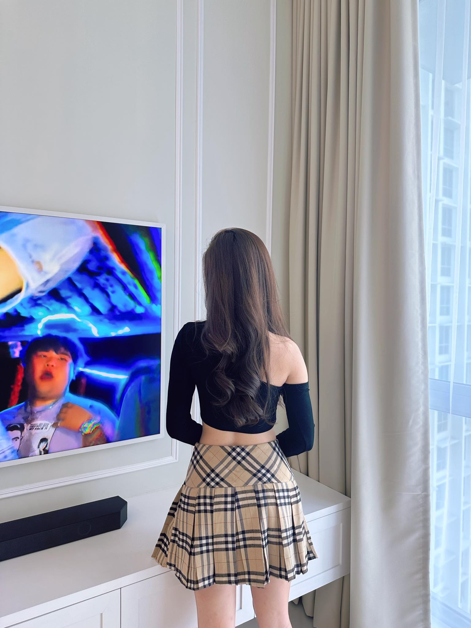 Slanted Long Sleeve Crop Top & Checkered Skirt Set