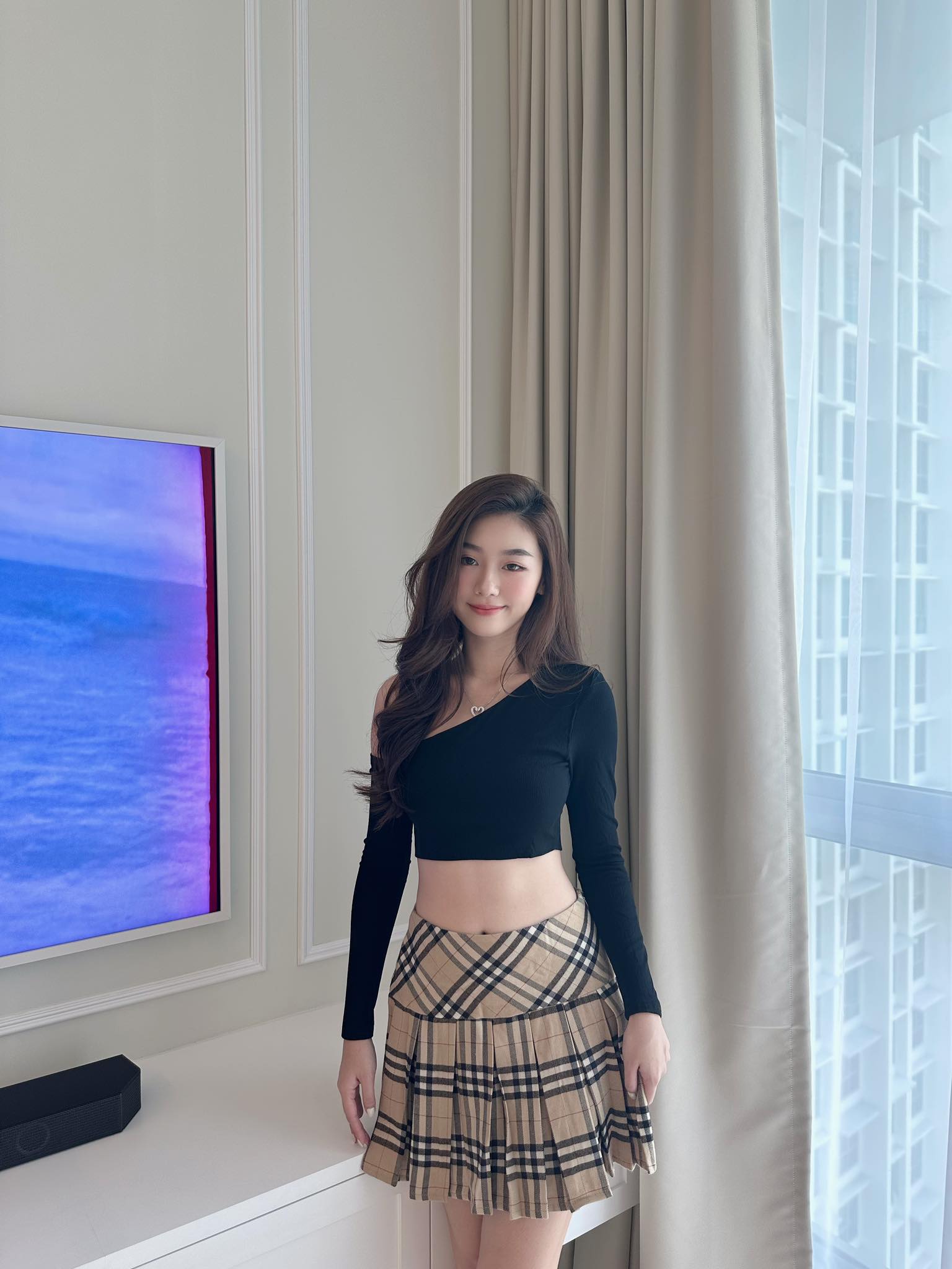 Slanted Long Sleeve Crop Top & Checkered Skirt Set