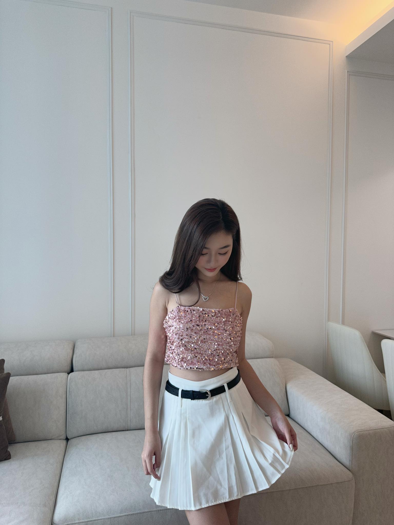 Pleated High Waist Skirt w/ Belt