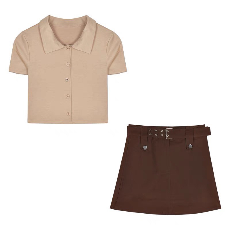 Khaki polo top & khaki high waist skirt set wear
