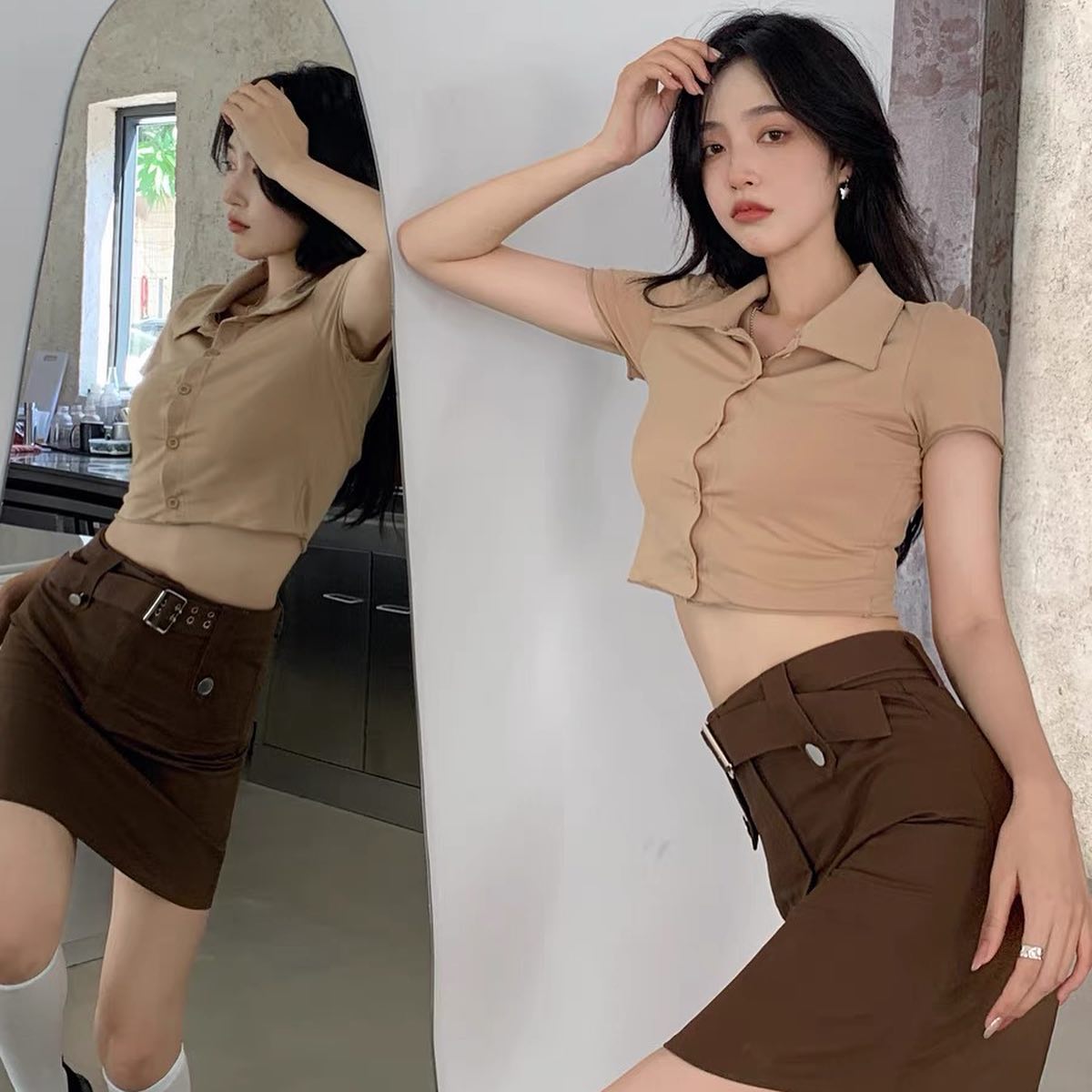 Khaki polo top & khaki high waist skirt set wear