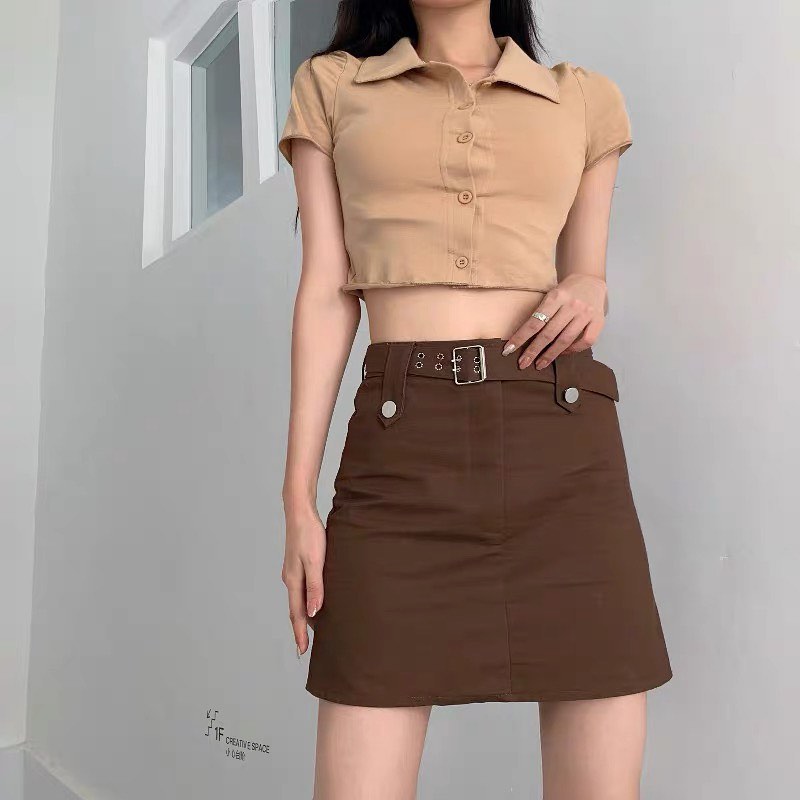 Khaki polo top & khaki high waist skirt set wear
