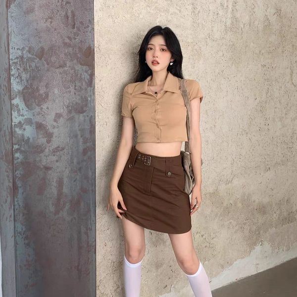 Khaki polo top & khaki high waist skirt set wear
