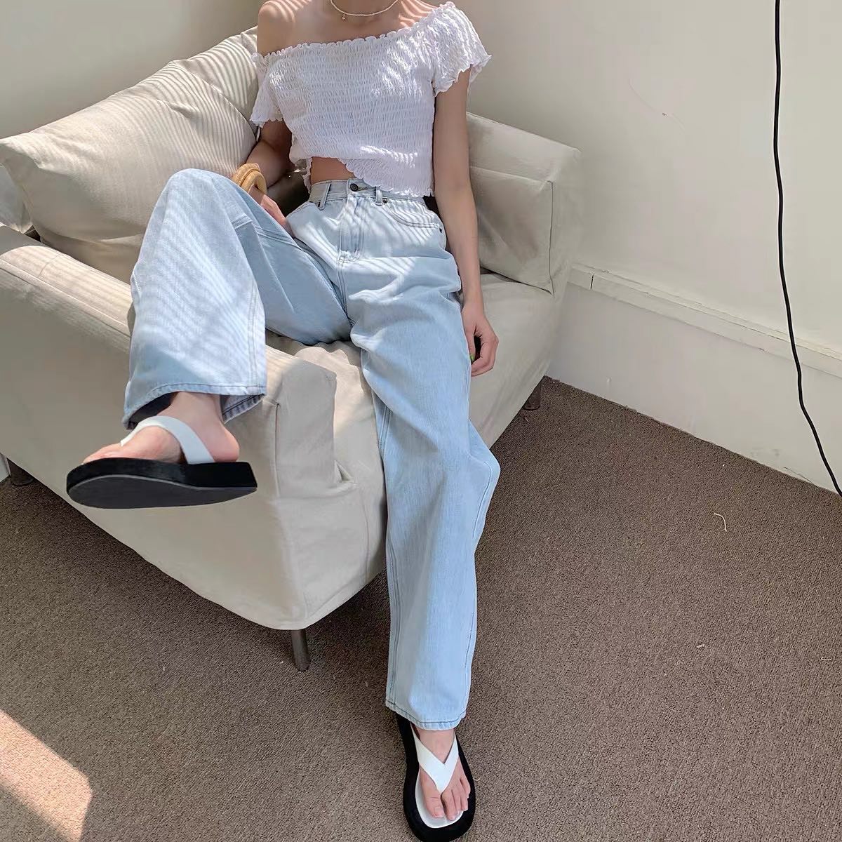 Blue denim straight pants