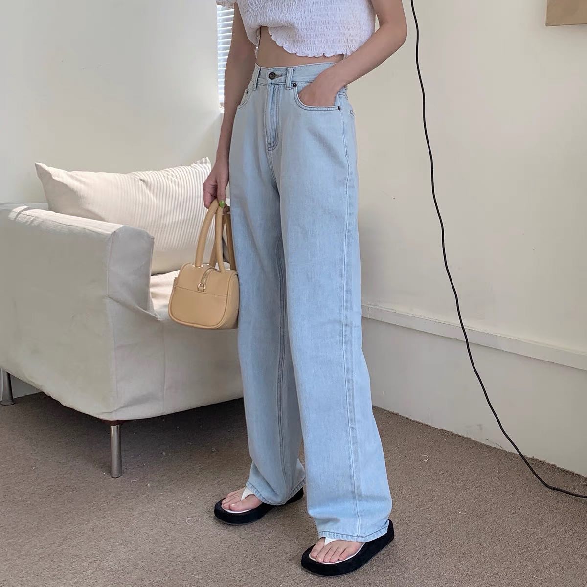 Blue denim straight pants