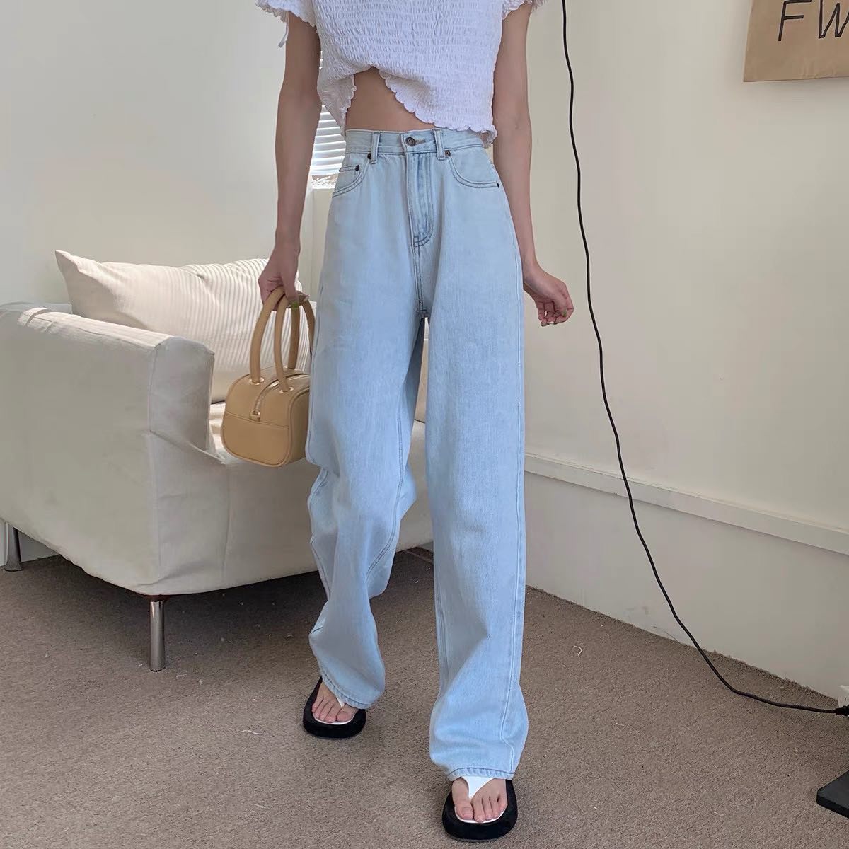 Blue denim straight pants