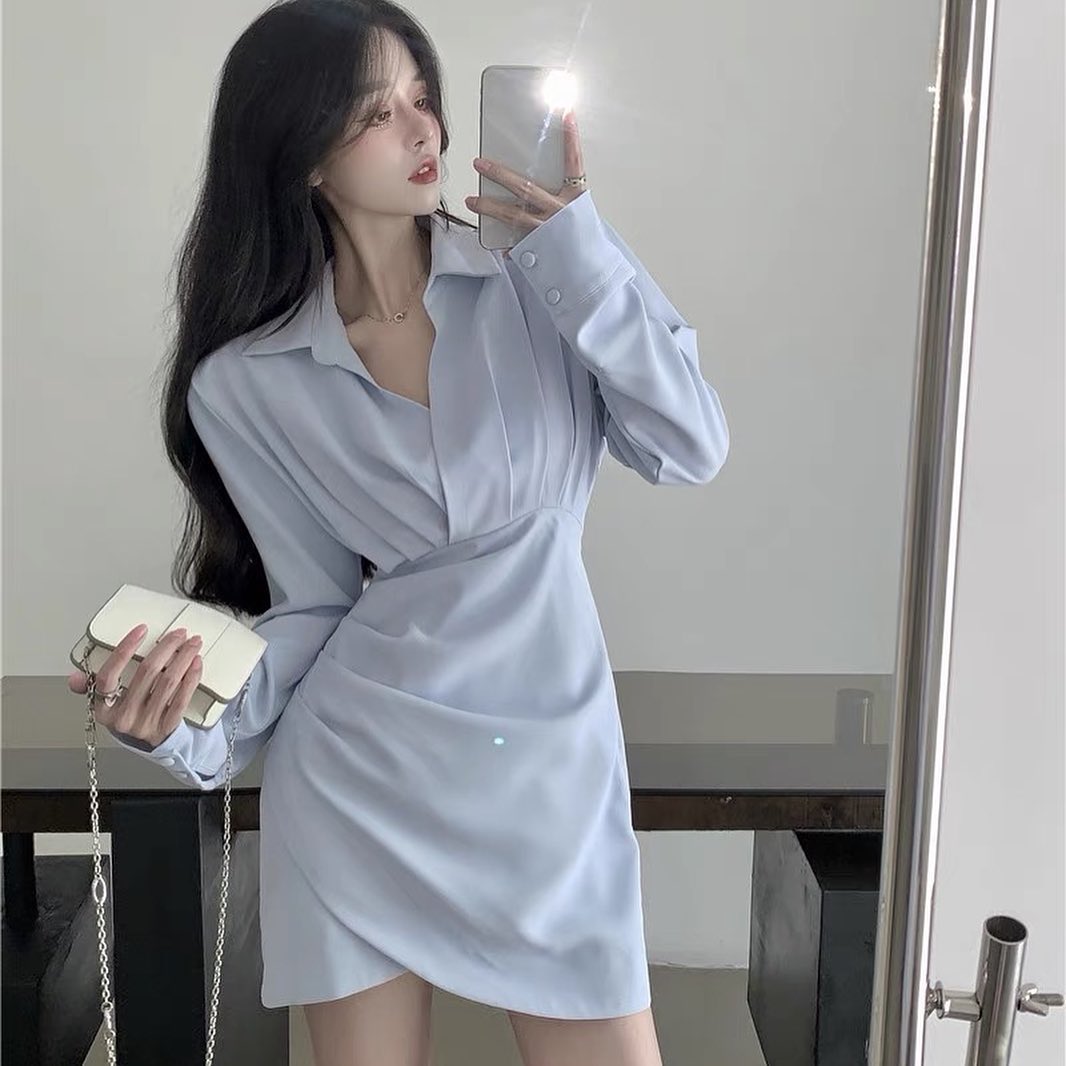 Blue OL long sleeve dress