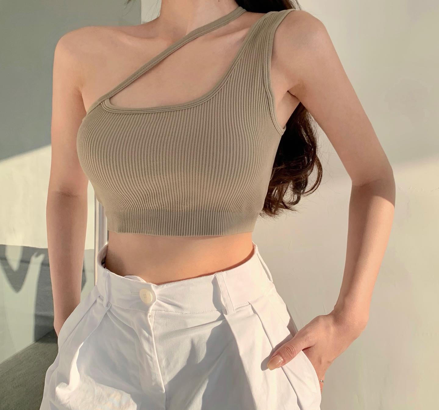 Padded slanted strap top