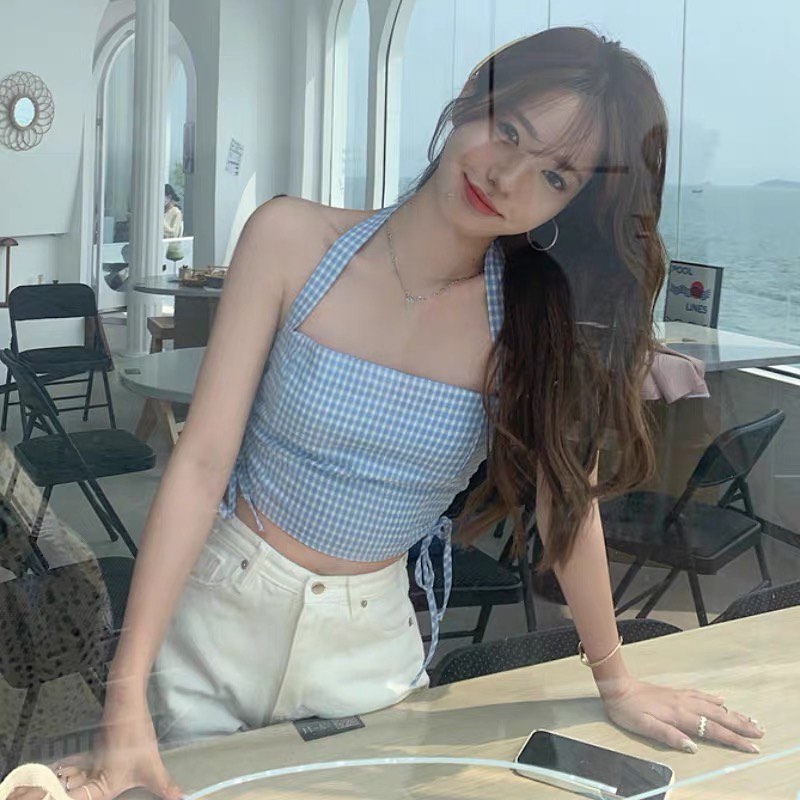 Checkered halter neck top