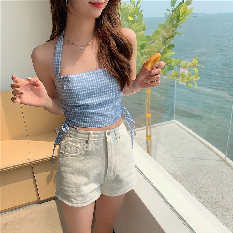 Checkered halter neck top