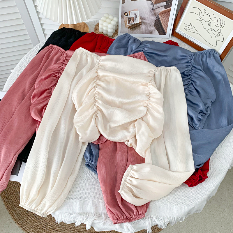 Off shoulder satin long sleeve blouse (CNY2106)