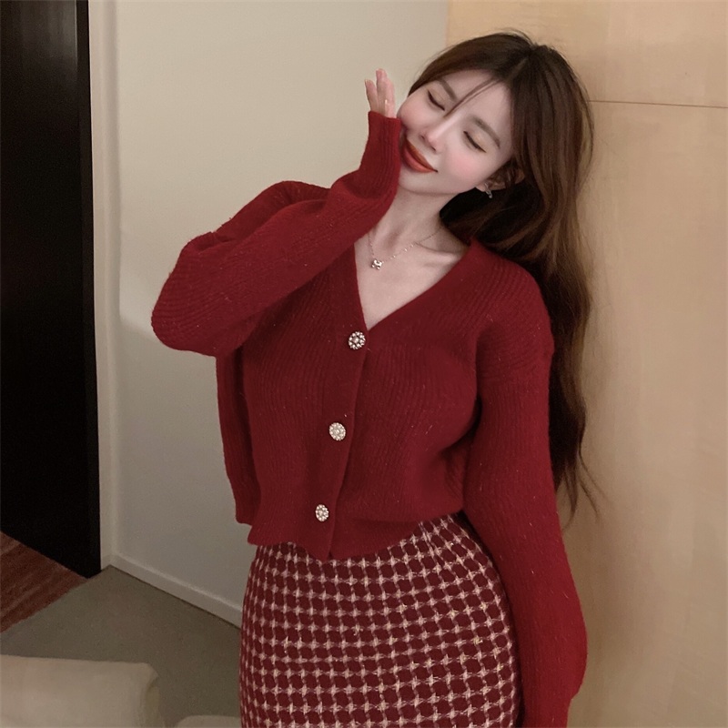 Red Cardigan Top & Skirt Set Wear (CNY2223)