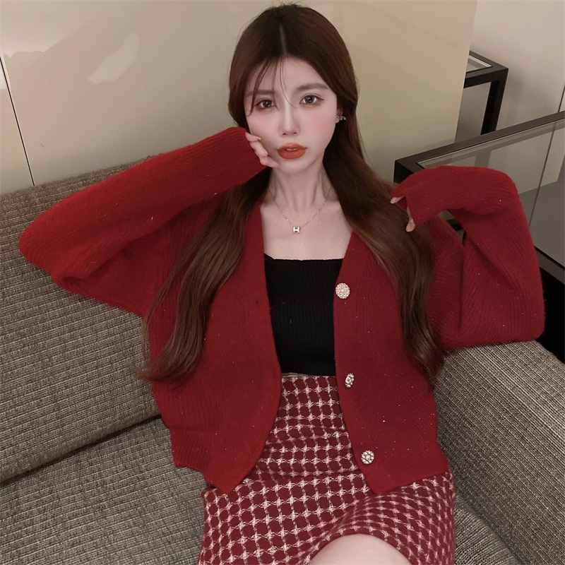 Red Cardigan Top & Skirt Set Wear (CNY2223)