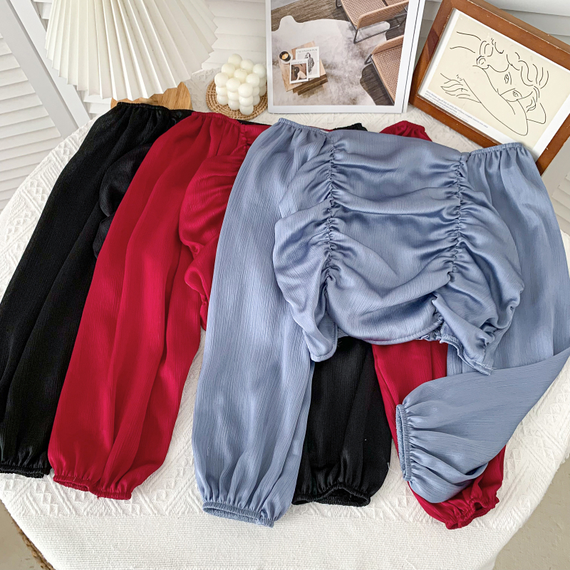 Off shoulder satin long sleeve blouse (CNY2106)