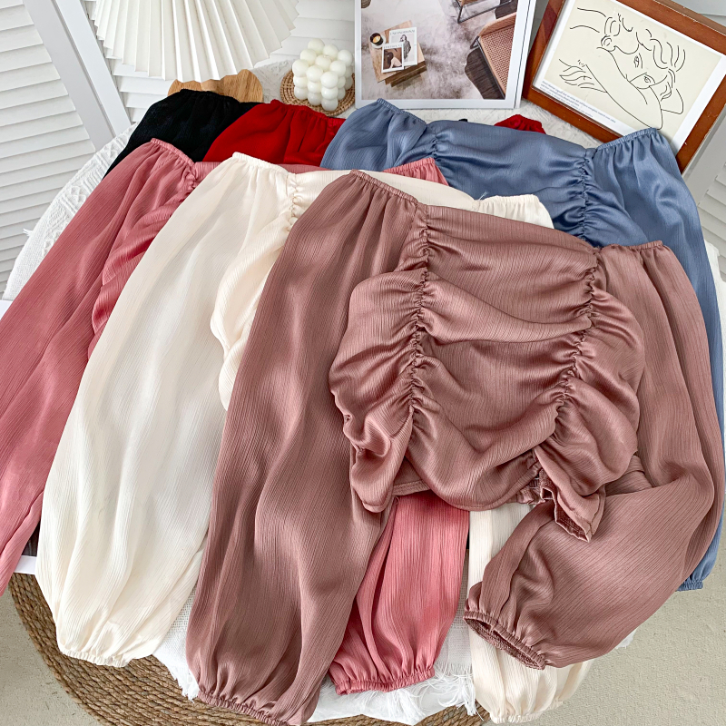 Off shoulder satin long sleeve blouse (CNY2106)