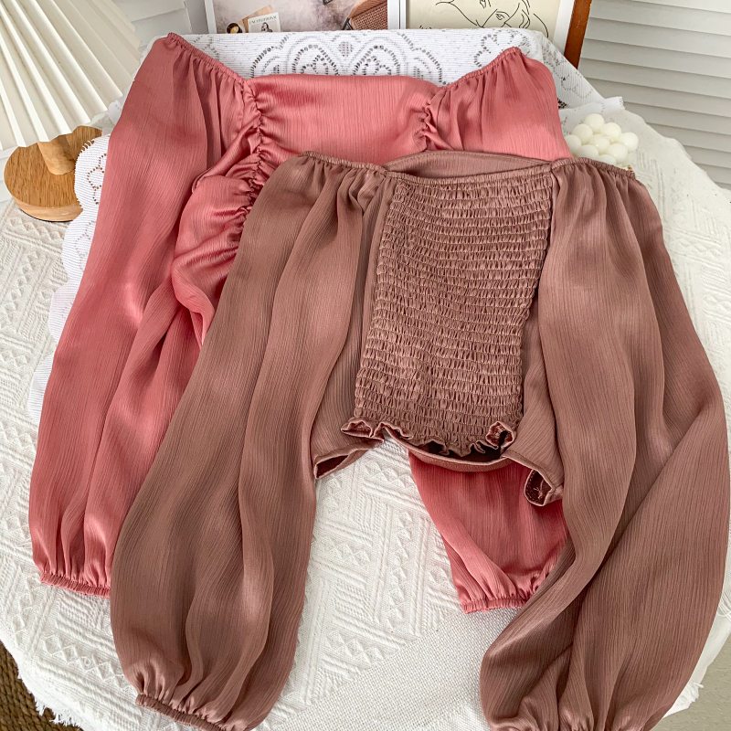 Off shoulder satin long sleeve blouse (CNY2106)