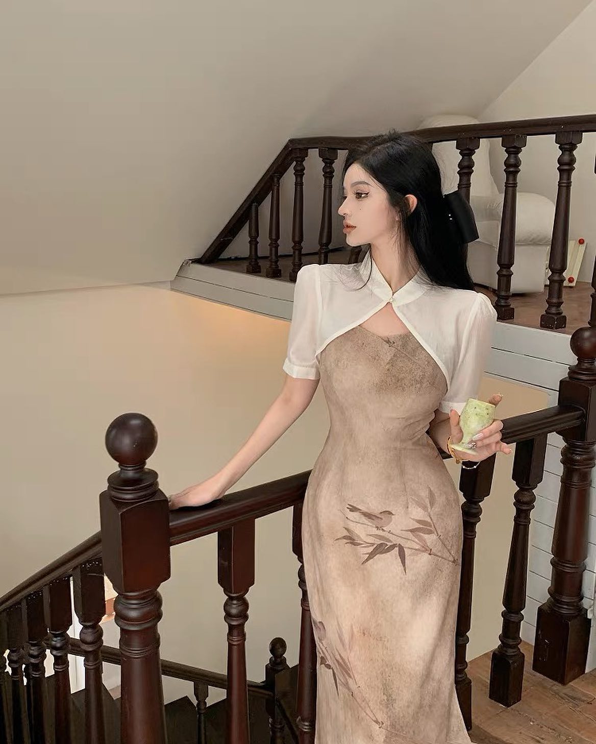 Sheer Cheongsam Outer & Khaki Dress