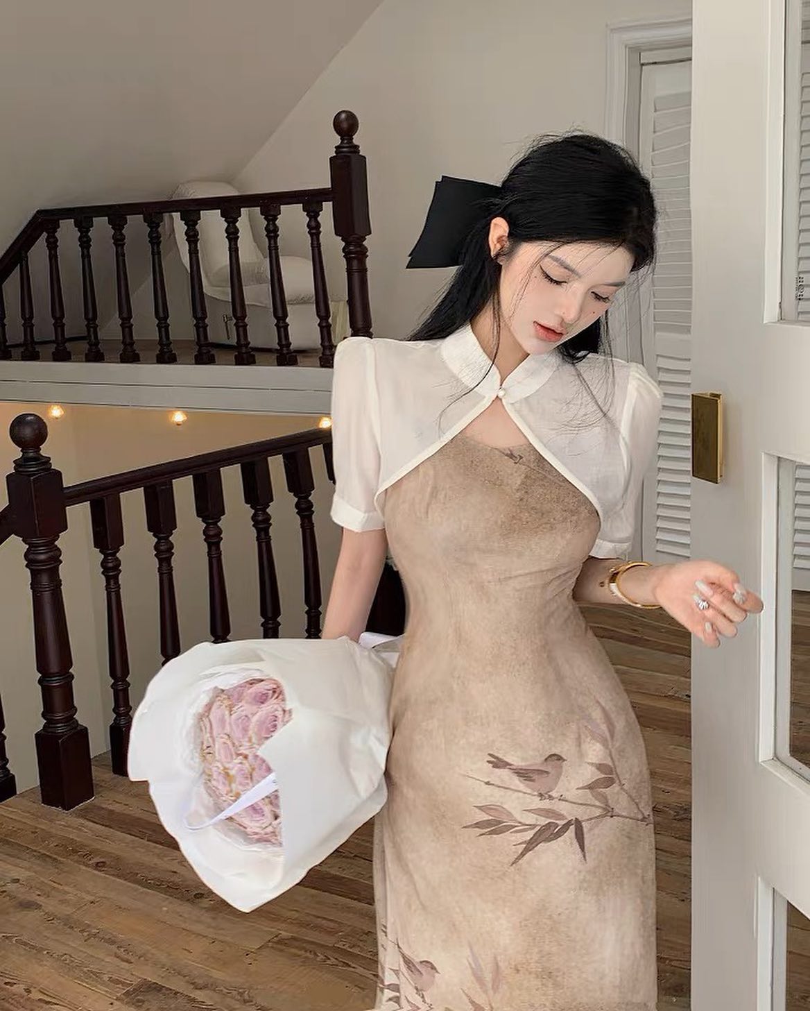 Sheer Cheongsam Outer & Khaki Dress