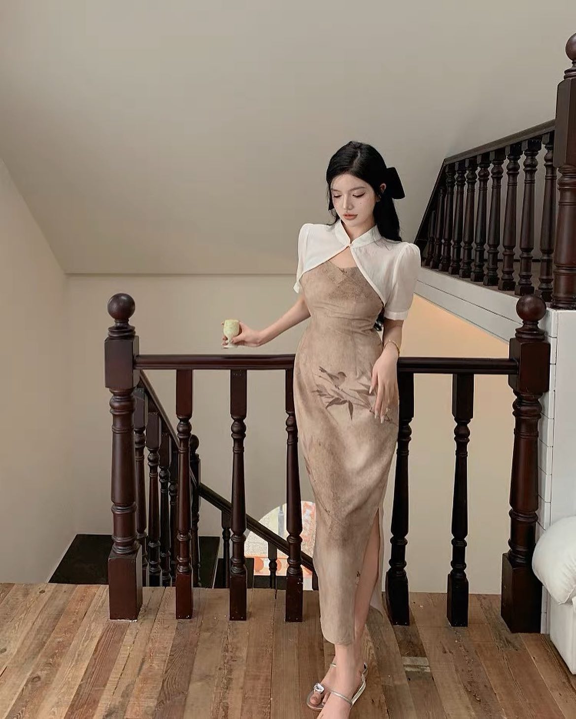 Sheer Cheongsam Outer & Khaki Dress