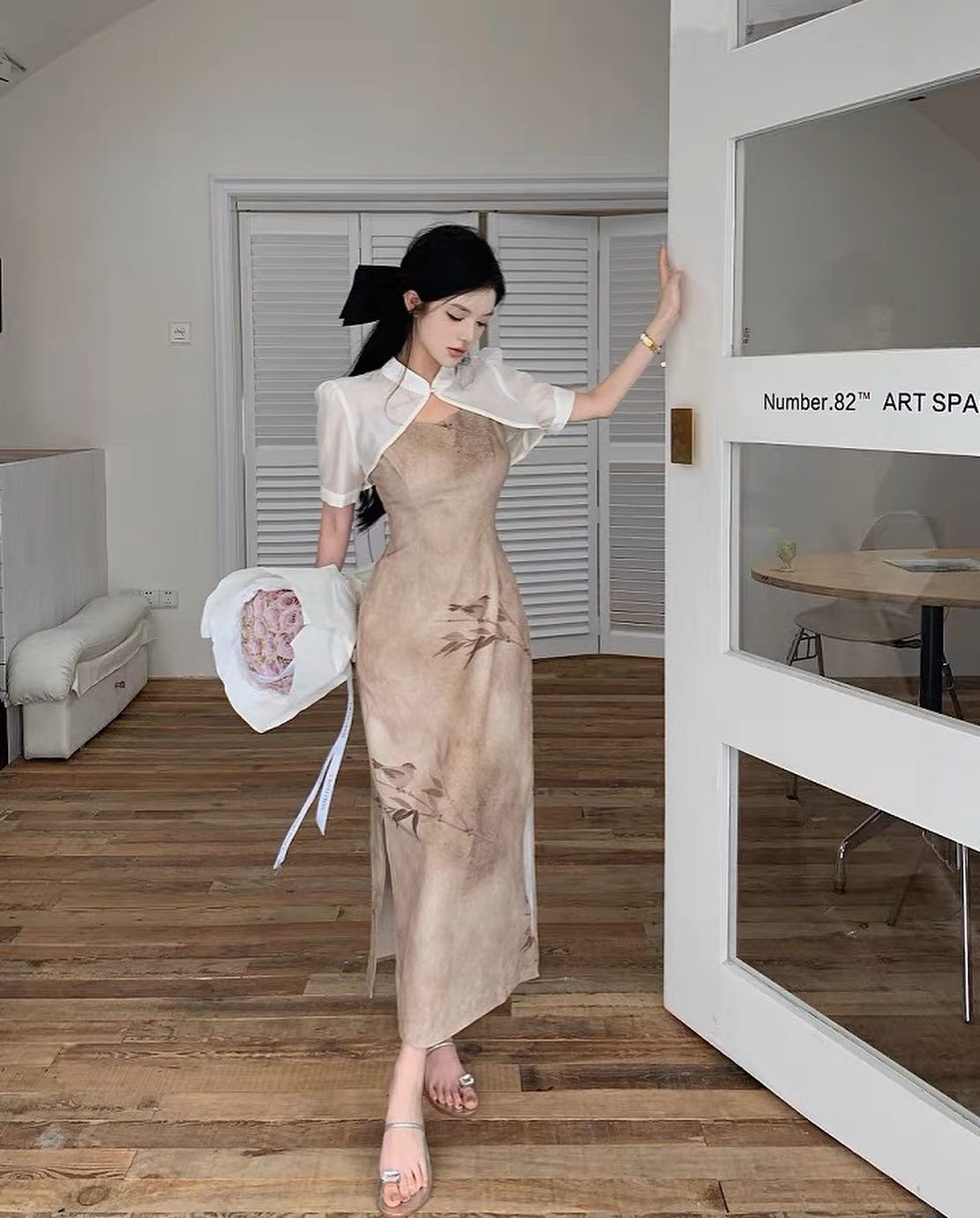 Sheer Cheongsam Outer & Khaki Dress