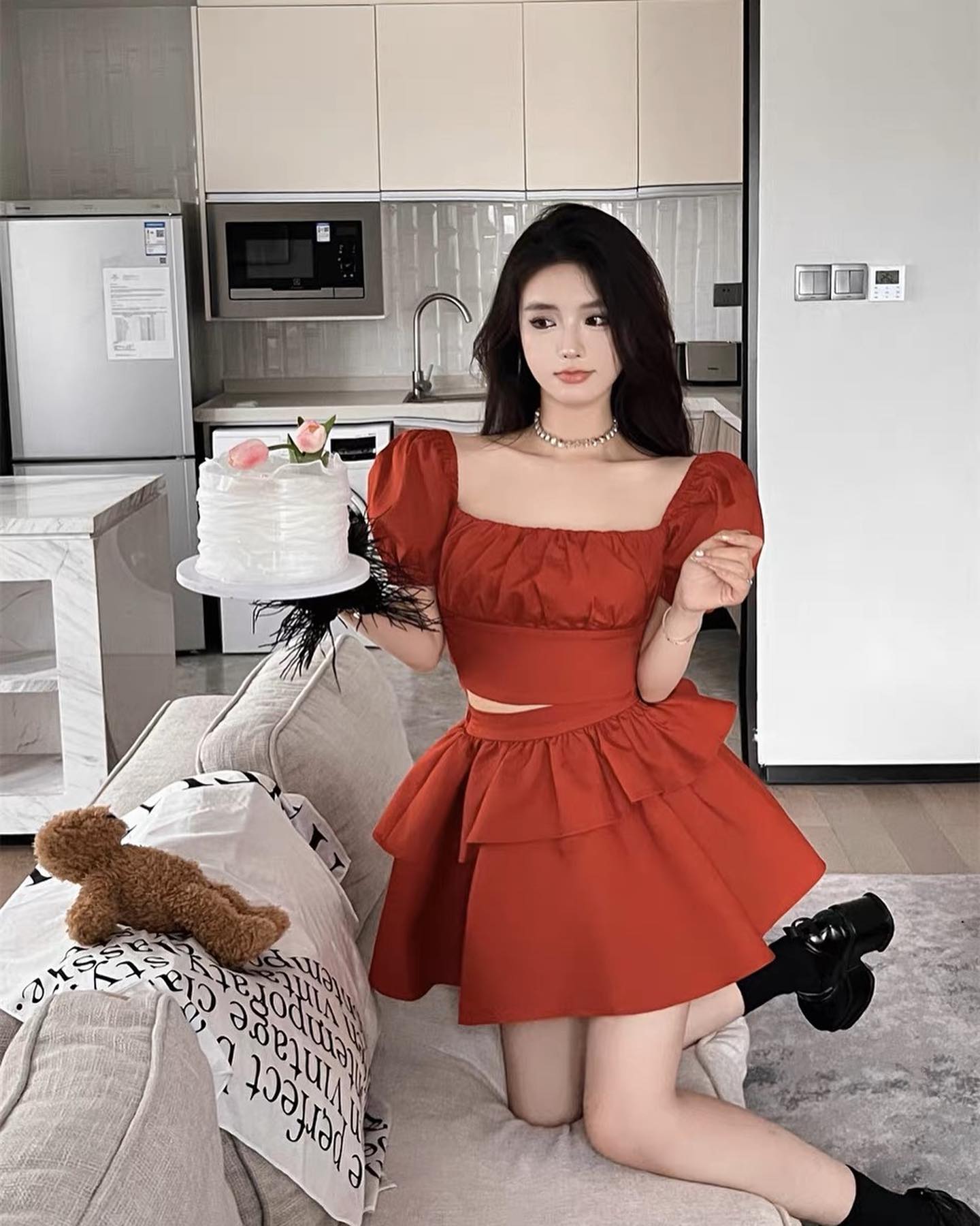 Red Puffy Sleeve Blouse & Skirt Set