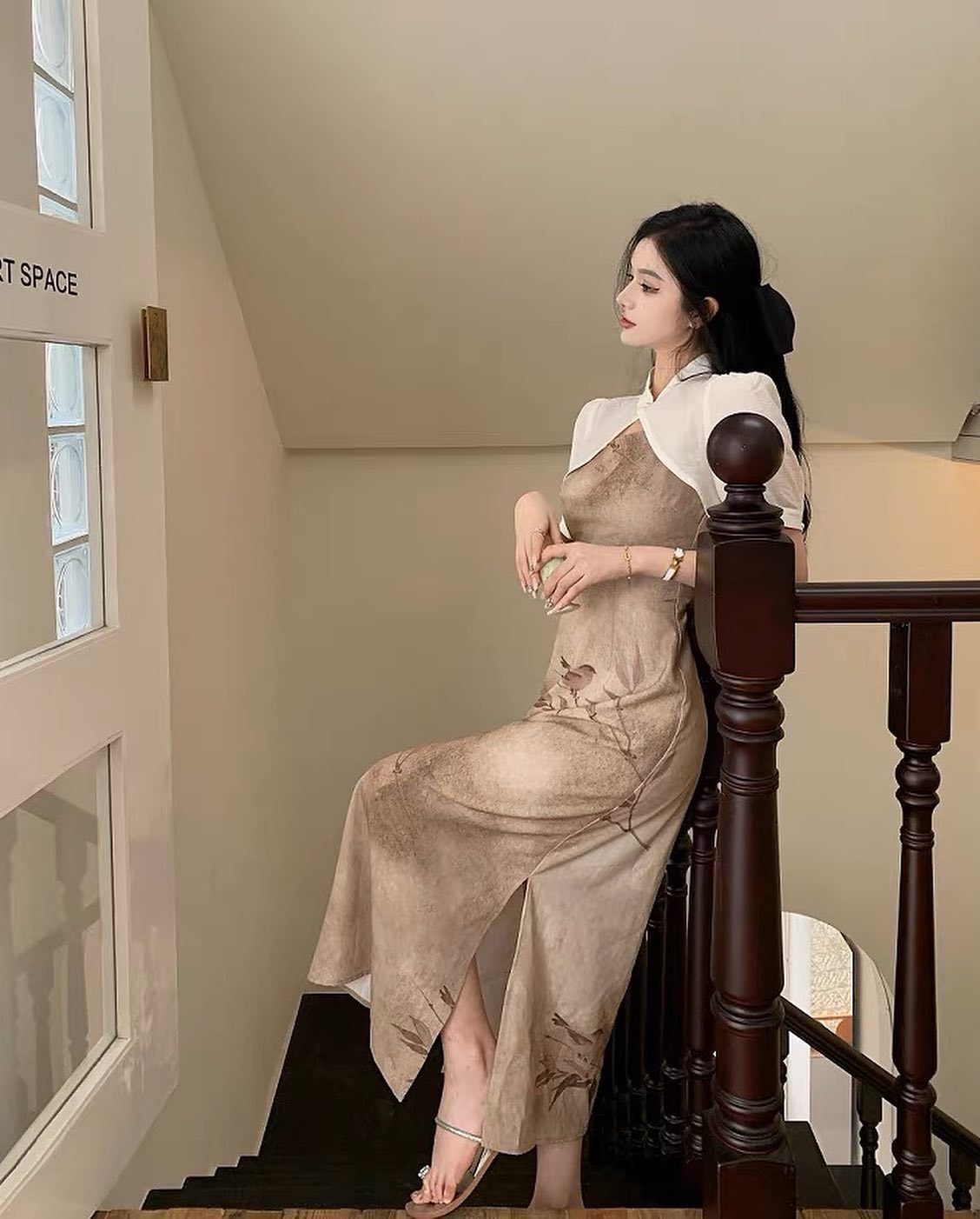 Sheer Cheongsam Outer & Khaki Dress