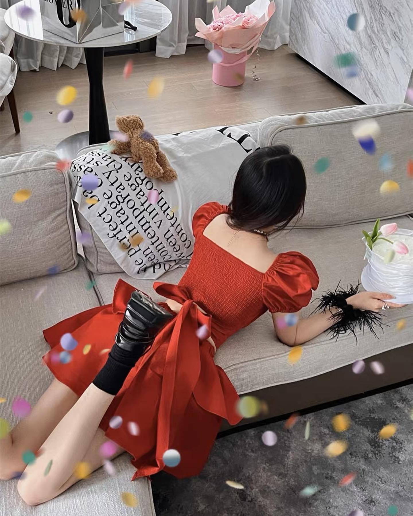 Red Puffy Sleeve Blouse & Skirt Set