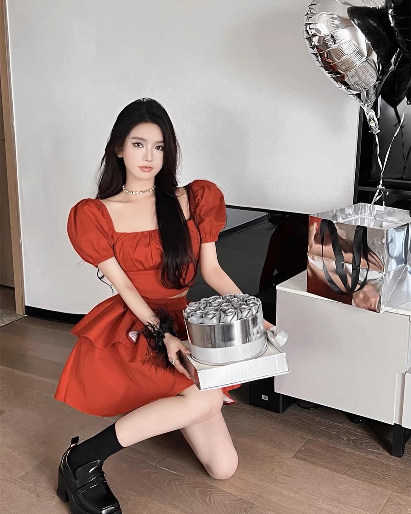 Red Puffy Sleeve Blouse & Skirt Set