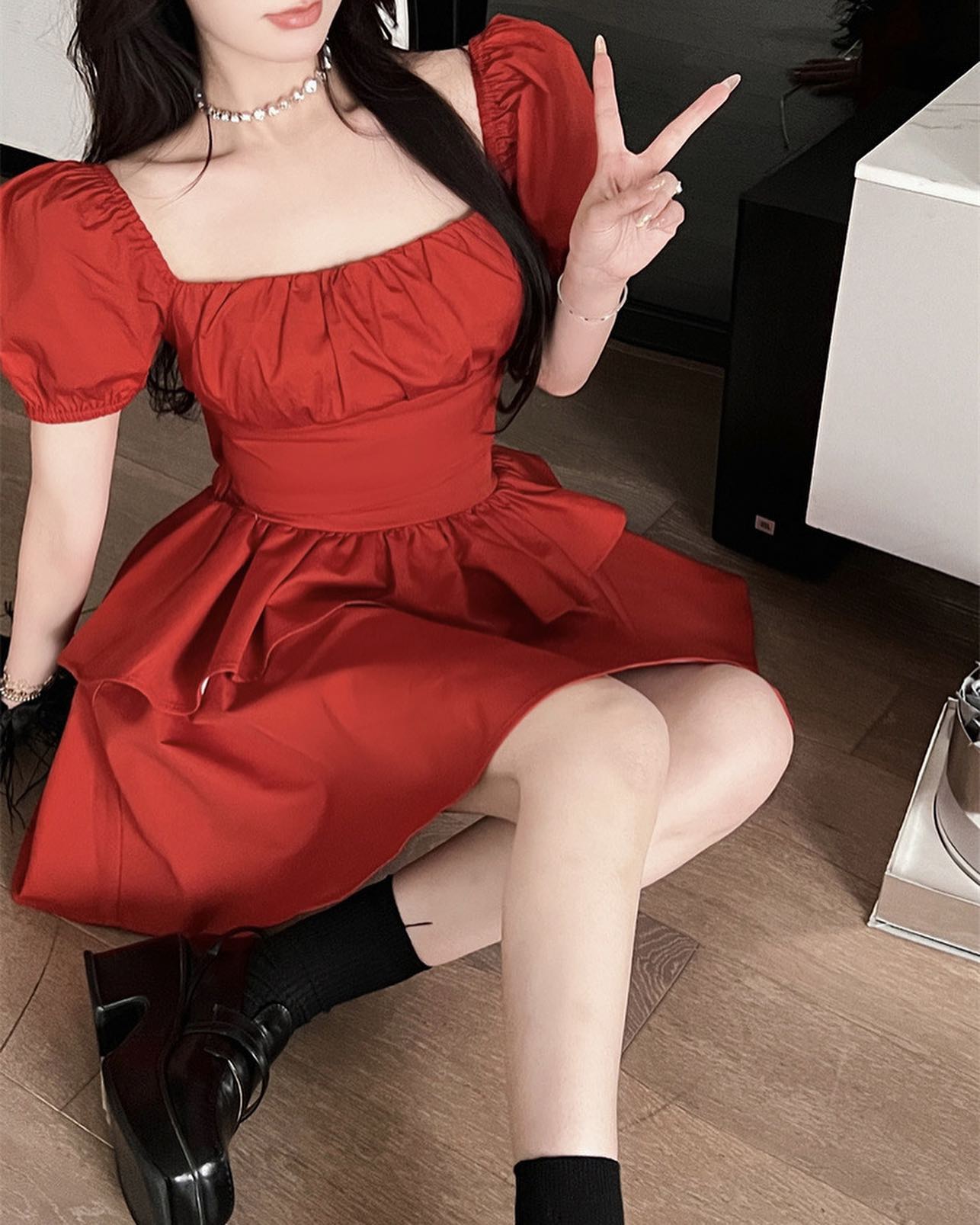 Red Puffy Sleeve Blouse & Skirt Set