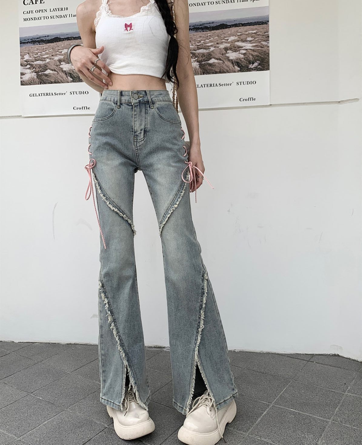 Denim Trumpet Pants with Ribbon
