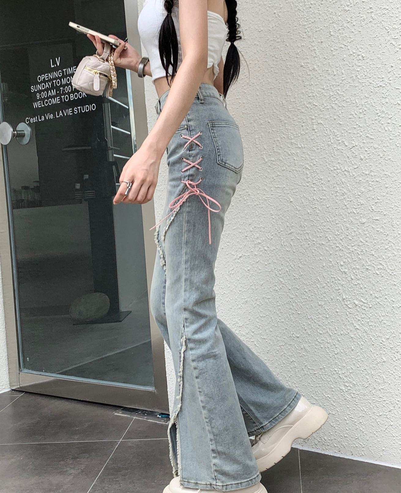 Denim Trumpet Pants with Ribbon