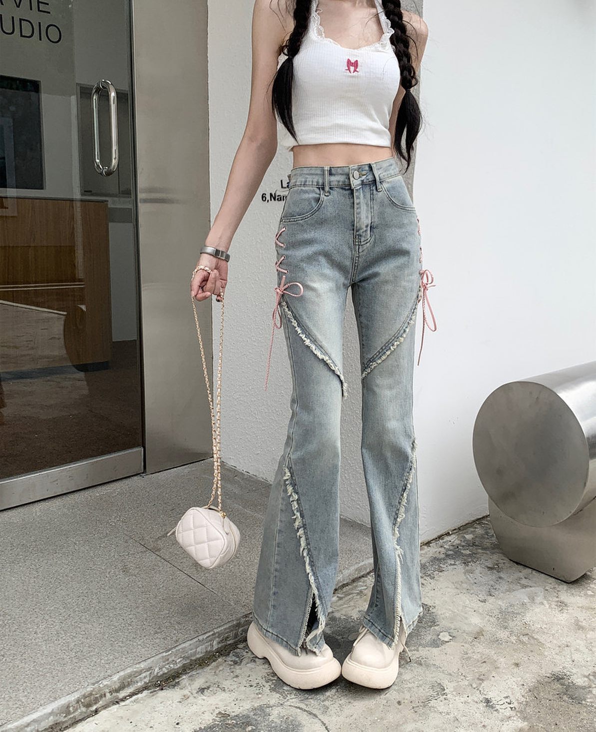Denim Trumpet Pants with Ribbon