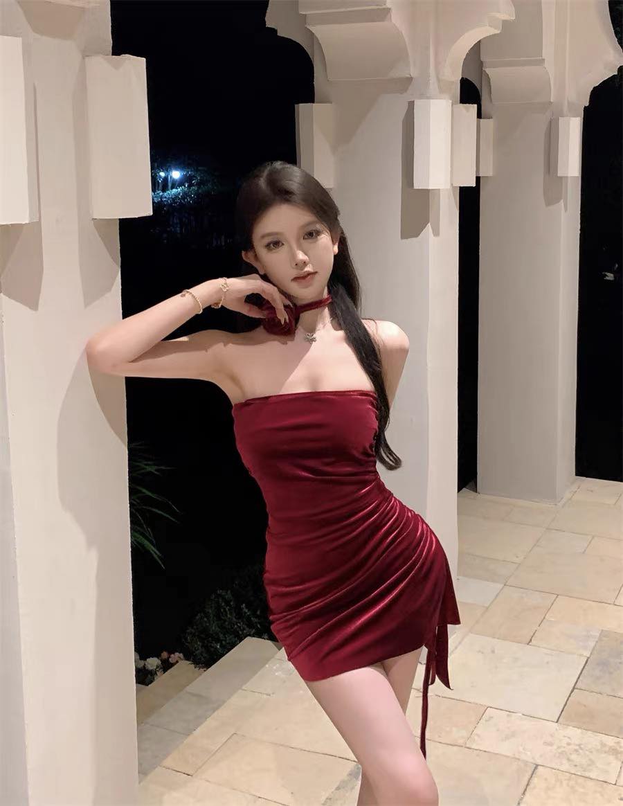 Velvet Tube Drawstring Dress