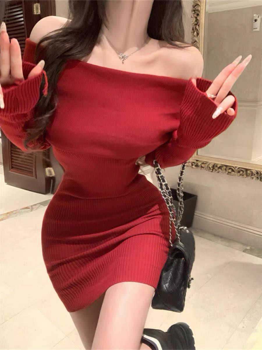 Red Off Shoulder Knitted Dress