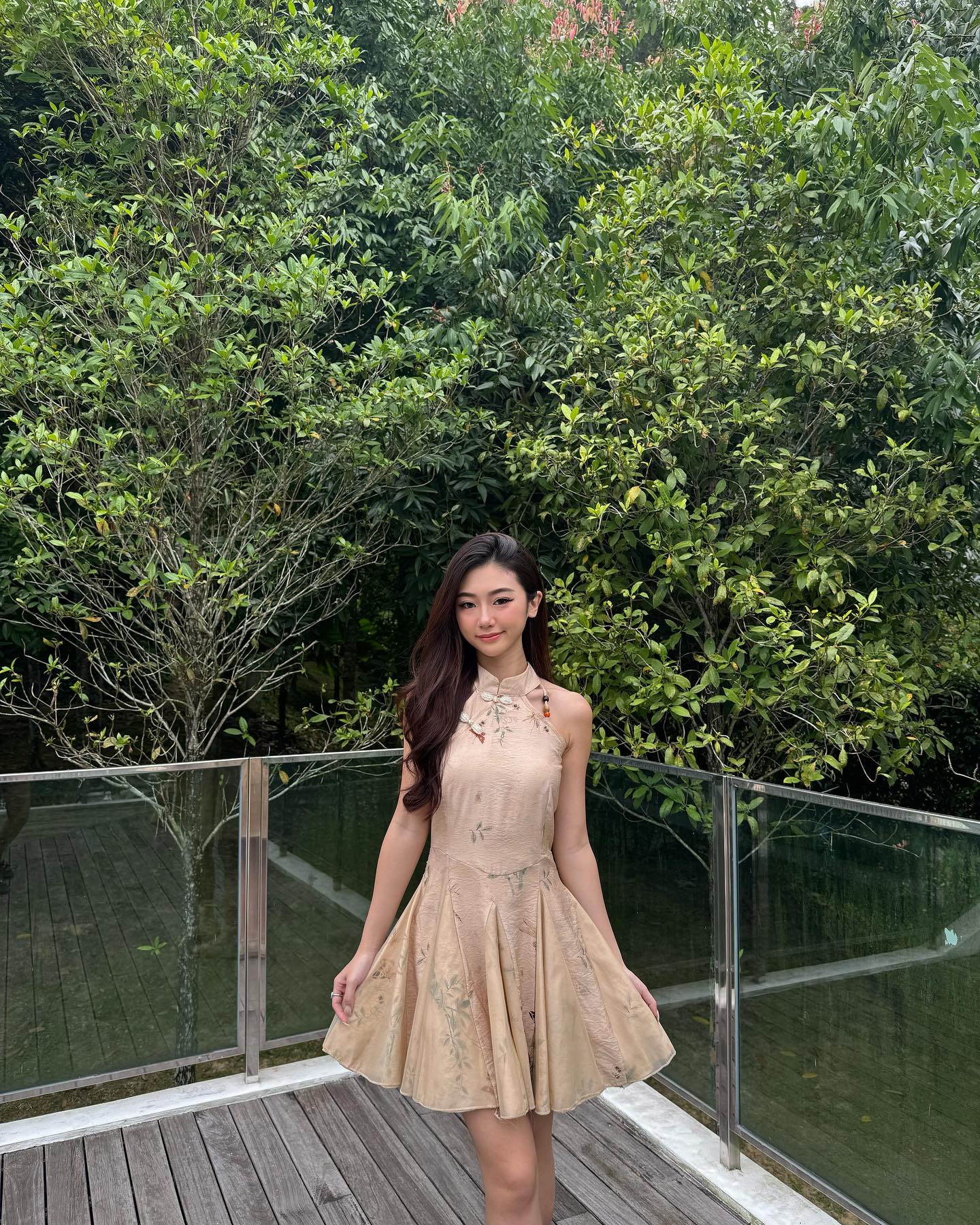 Khaki Floral Halter Cheongsam Dress