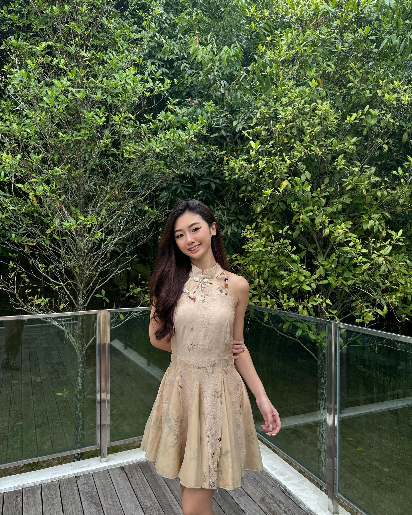 Khaki Floral Halter Cheongsam Dress