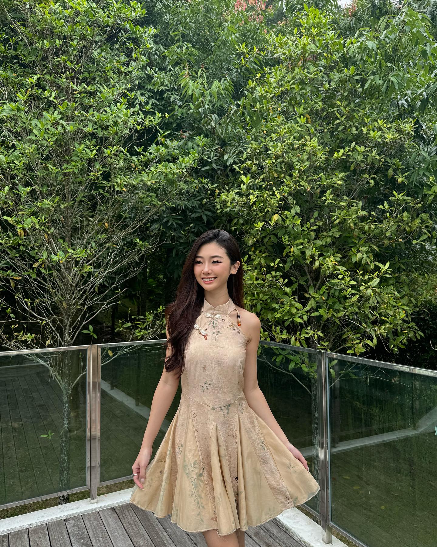 Khaki Floral Halter Cheongsam Dress